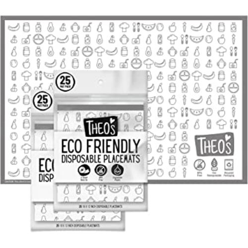 THEO'S 50 Pack Stick on Disposable Table Mats for Kids & Baby Led Weaning | Large 12" x 18" Restaurant Placemats in Re-usable Travel Pouch