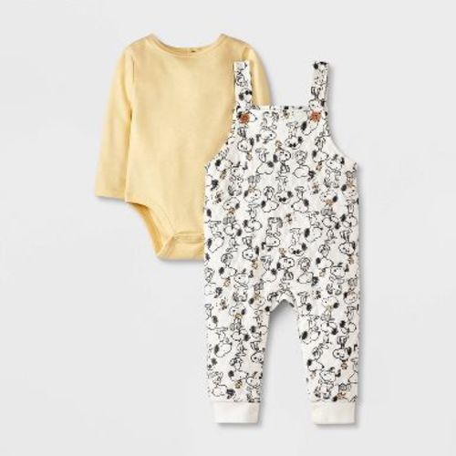 Baby Boys' Peanuts Snoopy 2pc Long Sleeve Bodysuit and Quilted Overalls Set - Yellow/Beige Newborn