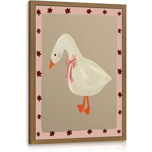 RLKHG Wood Framed Cute Goose Nursery Wall Art, Whimsical Goose with Bow Wall Decor, Pink Star Cottagecore Animal Poster Print, Sweet Farmhouse Kids Room Artwork for Girls Bedroom 12x16 Inch