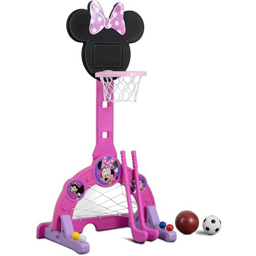 Delta Children Disney Minnie Mouse 4-in-1 Sports Center – Adjustable Easy Score Basketball Hoop, Soccer/Hockey Net and Golf Game, 4 Golf/Hockey Balls, Pink