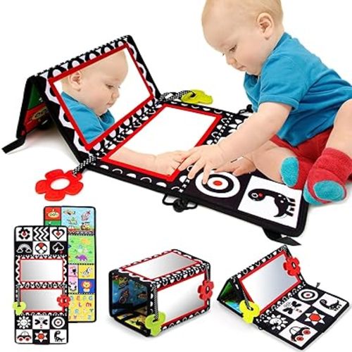 Tummy Time Mirror, Double-Sided Baby Mirror Black and White High Contrast Baby Toys for Babies Newborn Infant, Crawling Toys Boys Girls Sensory Toys Activity mat