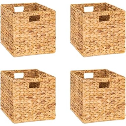 12x12x12 Storage Cube, Water Hyacinth Storage Baskets, Wicker Storage Baskets for Shelves, Woven Baskets for Storage, Square Wicker Storage Basket for Bedroom, Living Room (4 Packs 12x12in)