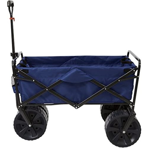 Mac Sports Heavy Duty Collapsible Folding All Terrain Utility Beach Wagon Cart, Blue/Black & Sport-Brella Versa-Brella 4-Way Swiveling Sun Umbrella (Midnight Blue), 38x39 - Cart + Umbrella