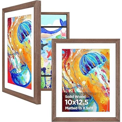 KINLINK 10x12.5 Kids Art Frame 2 Pack, Solid Wood Artwork Frames Changeable, Front Opening Hold 150 Pictures, Art Frames for Kids Artwork, 8.5x11 with Mat 10x12.5 without Mat, Picture Frames Brown Wood