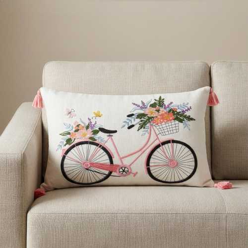 Embroidered Bicycle Lumbar Pillow Cover, Floral Cottagecore Tassel Cushion, Spring Home Decor (14"x 20")
