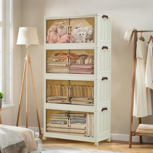 Stackable Storage Bins w/ Lids, Plastic Storage Drawers w/ Magnetic Doors & Lockable Wheels, Foldable Closet Organizers - 35.43''W - 4 Tier