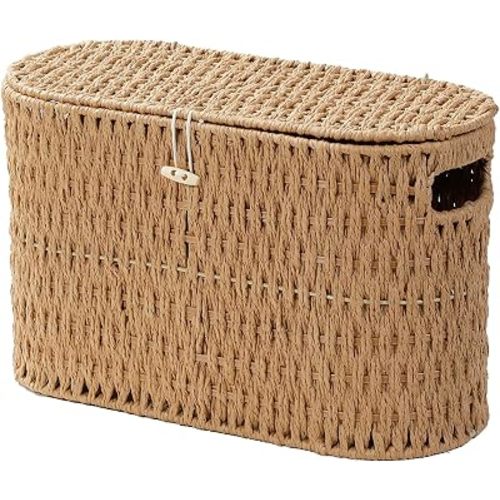 Coeusy Toilet Paper Storage Basket with Lid, Paper Rope Wicker Basket for Bathroom Organizers and Storage, Toilet Paper Holder for Up to 6 Mega Rolls, Boho Hand-Woven Decorative Decor, Natural