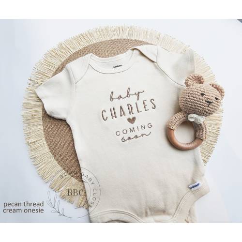 Embroidered Baby Name Onesie® Girl, Boy, Pregnancy Announcement Onesies® Brand, Baby Coming Soon Onesies® Custom Natural Neutral Onesies® Z8