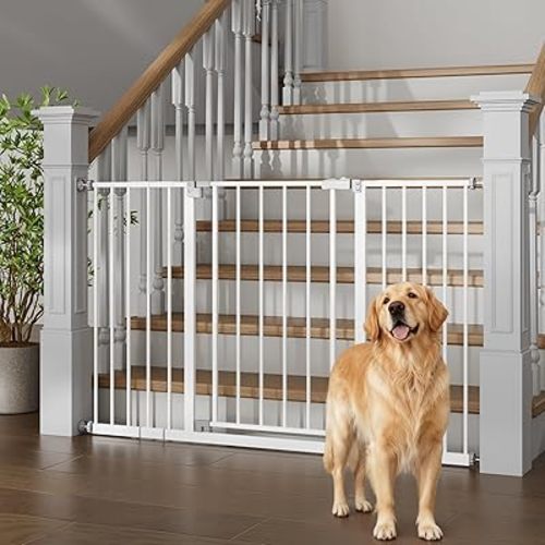 InnoTruth 29.5–49.75" Extra Wide Baby Gate for Stairs, 30" Tall Walk Through Dog Gate for Stairs & Doorways, Pressure-Mounted Safety Gate for Pets & Kids, Dual Lock & 2-Way Swing, White