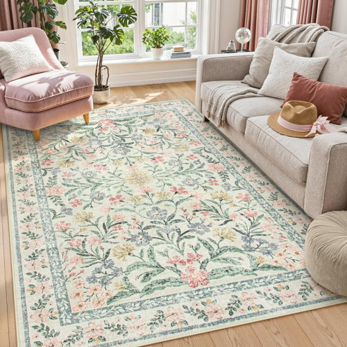 Winston Porter Kaldi Oriental Botanical Floral Machine Washable Area Rug with Non-Slip Backing for Living Room, Dining Room, Bedroom & Reviews | Wayfair
