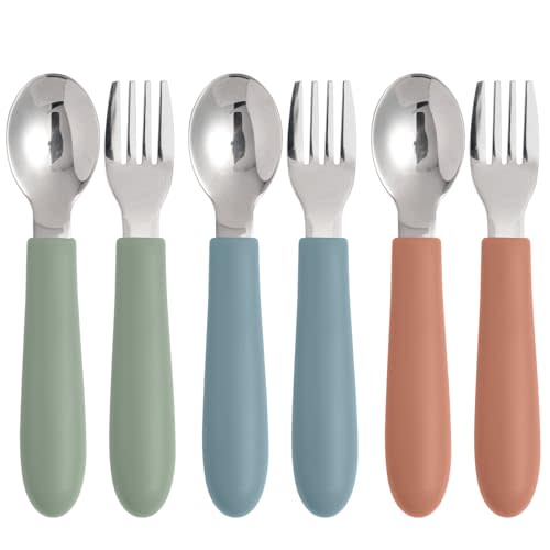 Eascrozn Toddler Utensils, 6 Pack Spoons and Forks Set, BPA Free | Kids Silverware with Silicone Handle, 18/8 Stainless Steel Children Safe Feeding Supplies, Dishwasher Safe