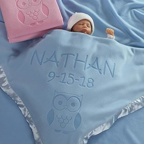 Custom Catch Personalized Owl Baby Blanket Gift for Boy - Infant or Newborn Name (2 Lines of Text)