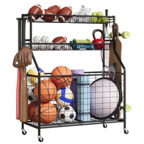 Sports Equipment Organizer, Large Capacity Garage Sports Toy Organizer with Hooks and Baskets, Rolling Ball Cart with Wheels