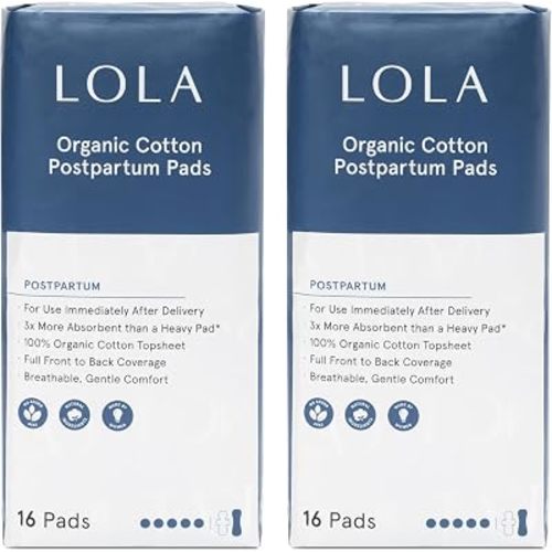LOLA Organic Cotton Postpartum Pads, 32 Count, Unscented