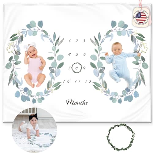 Twins Monthly Milestone Blanket - Soft Fleece Eucalyptus Leaves Design - Gender Neutral for Boys or Girls, Baby Shower Nursery Decor, Twin Essentials, 50x40