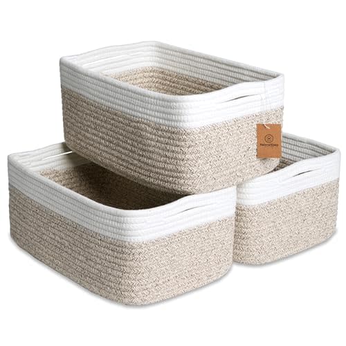 NaturalCozy 13.5”x8.5”x5.5” Storage Baskets for Shelves 3 Pack | Cotton Rope Woven Small Baskets for Organizing | Small Storage Bins for Nursery, Bathroom, Closet, Cube Shelf, Decorative, Gift