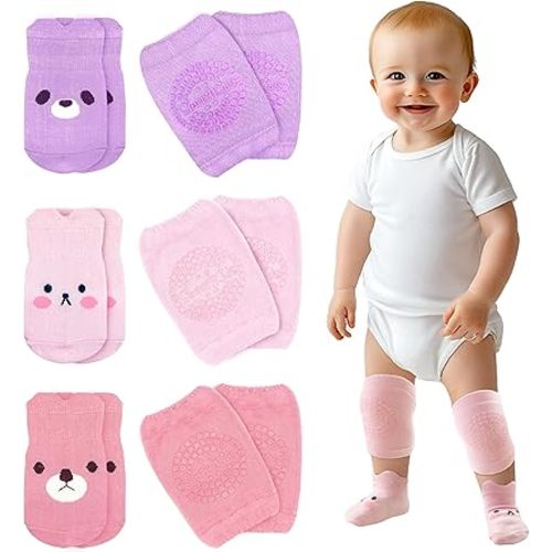 Simply Kids Anti-Slip Baby Knee Pads and Socks Set for Crawling and Walking (6 Pairs, 6-18 Months) Infant Toddler Boy Girl