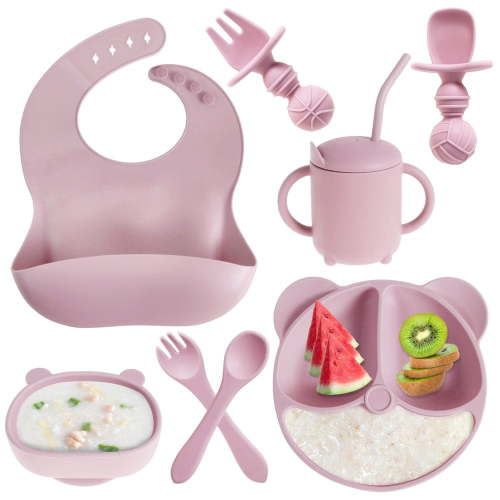 OUSITAID 8 Piece Silicone Baby Feeding Set Baby Led Weaning Supplies Self Feeding Eating Utensils Divided Suction Plate Bowl and a Sippy Cup with 2 Spoon 2 folks Adjustable Bib - Walmart.ca
