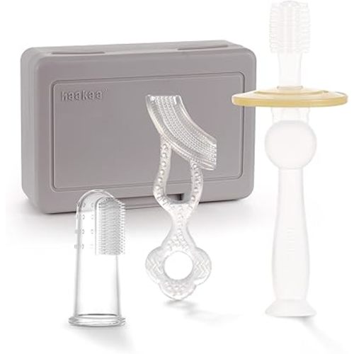 haakaa Training Toothbrush Set Oral Care Kit, Soft Silicone Toothbrush for Baby, Infants, Toddlers & Kids, SUVA Grey