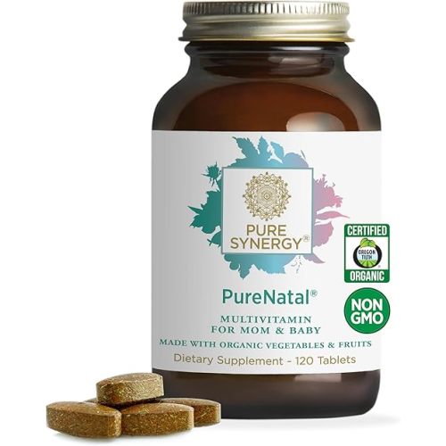PURE SYNERGY PureNatal Prenatal Vitamins | Vegan Supplement Made with Organic Whole Foods | with Natural Iron, Folate, and Choline | for Pre-Conception, Pregnancy and Breastfeeding (120 Tablets)
