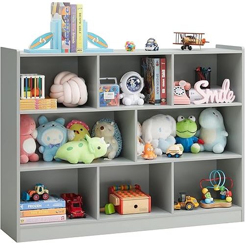3-Tier Bookshelf, 8-Section Wooden Bookcase, Storage Organizer with Anti-Tilt Device, Modern Storage Display Cabinet for Living Room, Classroom, Kid’s Room (Grey)