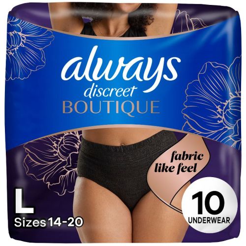 Always Discreet Boutique Adult Postpartum Incontinence Underwear for Women - Black - Large