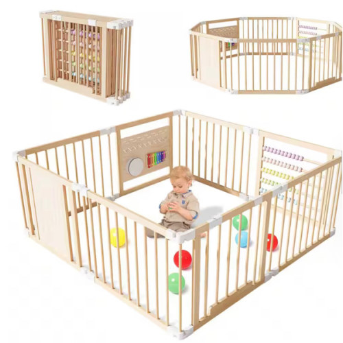 Baby Playpen Safety Gate 8-Panel Foldable Wood Play Yard with Child-Proof Lock Easy-Assembly Baby Fence for Safe Play