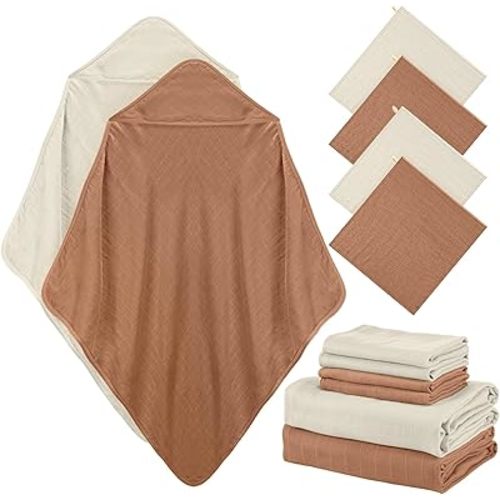 Preboun 6 Pcs Muslin Hooded Baby Towels and Washcloths 32"x 32" Cotton Newborn Bath Towel Anti-Shrink Infant Baby Blankets with Hood 12"x 12" Washcloths for Girl Boy Toddler(Grey,Coffee)