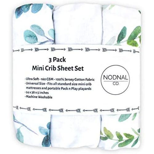 NODNAL CO. Leafy Pack n Play Playard Portable Mini Crib Fitted Sheets Set 3 Pack 100% Jersey Knit Cotton Pack and Play Baby Girl/Boy - Gender Neutral Leafs, Greenery, Floral Eucalyptus 160 GSM Sheets