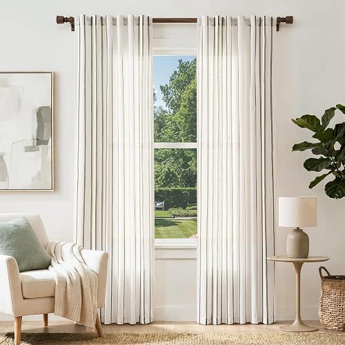 2 Vangao Striped Curtains Green on White Semi Sheer Curtains 84 Inches Long