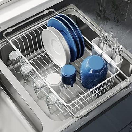 Dish Drying Rack in Sink - Small Dish Drainers for Inside Sink, Over The Sink Dish Racks, Stainless Steel Sink Drying Rack with Utensil Holder, White