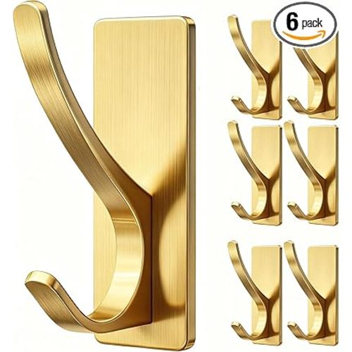pickpiff Self Adhesive Coat Hooks for Hanging: Heavy Duty Stainless Wall Hook for Towel, Utensil, Backpack, Hat, Sturdy Metal Hanger for Bathroom, Kitchen, Door, 6-Pack, Brushed Gold