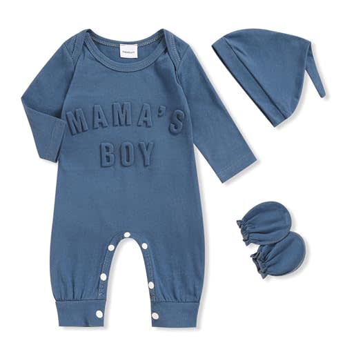 GRNSHTS Newborn Baby Boy Romper Coming Home Outfits Letter Print Bodysuit Jumpsuit+Hat+Gloves 3PCS Clothes Set