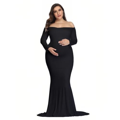 YnimioAOX Maternity Photoshoot Dress Long Sleeve Maxi Gown | Pregnancy Photography Outfit, Empire Waist Off Shoulder, Floor Length Train, Soft Slim Fit, Elegant Romantic Baby Shower