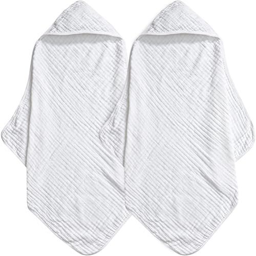 david's kids 2 Pack Hooded Baby Towels, 100% Muslin Cotton Ultra Soft Breathable Absorbent Baby Bath Towels for Infant Toddler and Kids, Newborn Essentials, Large 32x32Inch, White
