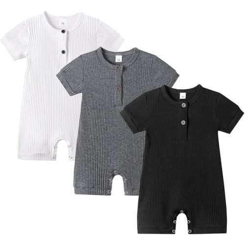 Baby Boy Girl 2/3 Pack Solid Romper Ribbed Short/Long Sleeve Bodysuit Jumpsuit Infant Knitted Outfits Clothes