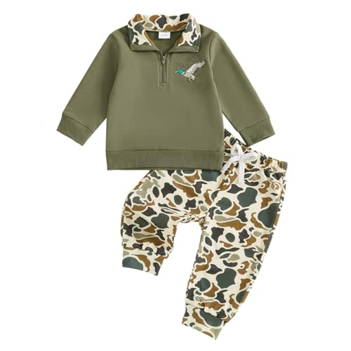 Liyabanna Toddler Baby Boy Hunting Outfit Mallard Duck Camouflage Half Zipper Sweatshirt Tops Solid Pants Set Fall Clothes