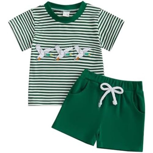 Toddler Baby Boy Summer Outfits Short Sleeve Embroidered T Shirt Tees + Striped/Plaid Shorts Infant Clothes Set