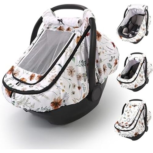Car Seat Cover Baby Girls, Infant Car Seat Canopy Outdoor, 2 Layers with Mesh and Sun Shade Window for Summer Winter, Easy Access Carseat Covers Snug Fit Baby Stroller - Brown Wildflower