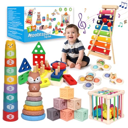 LearnToy Baby Toys 18-36 Months, Montessori 7-in-1 Activity Set - Stacking Blocks, Infant Teething Toy & Sensory Bin, Baby Boys & Girls Gifts