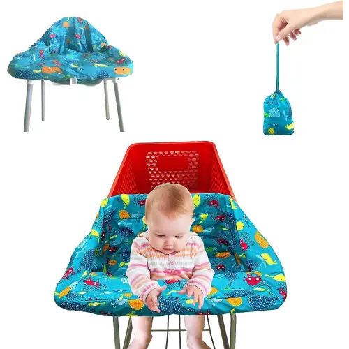 Pozico Baby Shopping Cart Cover & High Chair Cover – Machine Washable, Grocery Cart Cover with Portable Cloth Bag Included, Underwater World Blue Design