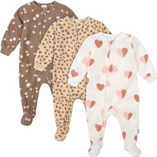 Gerber Baby Girls' Toddler Loose Fit Fleece Footed Pajamas 3-Pack, Pink Floral, 0-3 Months