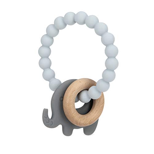 Nuby Natural Wood & Silicone Teether Ring: 3 M+, Elephant, Gray