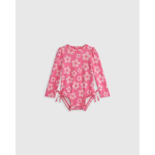 Long Sleeve Tie One-Piece Swimsuit - Baby in Pink Daisy