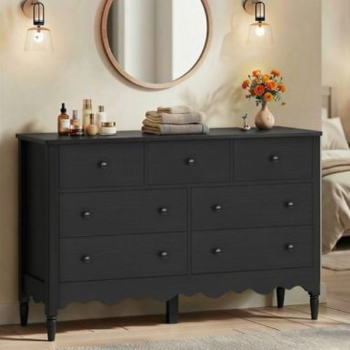 Besiost 47" Closet Storage Cabinet with 7 Drawers, Wooden Dresser with Support Leg, Black