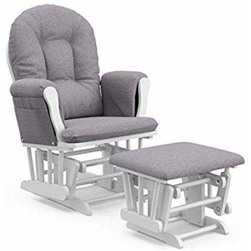 Storkcraft Premium Hoop Glider and Ottoman (White Base, Gray Swirl Cushion) – Padded Cushions with Storage Pocket, Smooth Rocking Motion, Easy to Assemble, Solid Hardwood Base - White/Grey Swirl