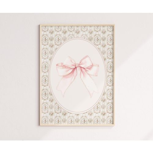 Vintage Pink Bow Nursery Baby Girl Wall Art Template Grandmillenial Decor Coquette Bow Victorian Floral Pattern Printable Art Print
