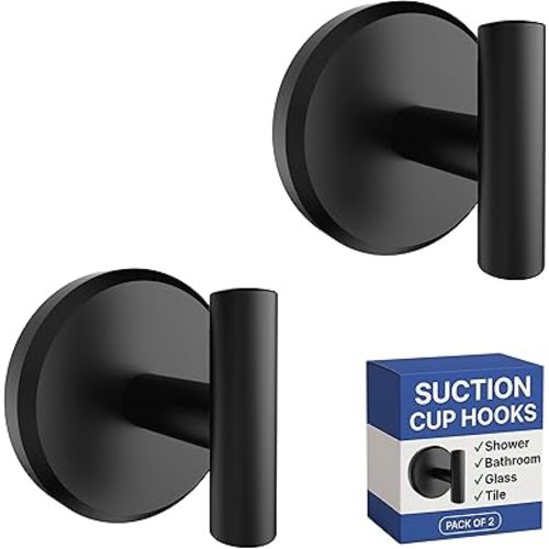 HOME SO Suction Cup Hooks T Shape (2 or 4 Pack) (Matte Black, 2, Count)