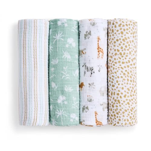 aden + anais Essentials Cotton Muslin Swaddle, Breathable Baby Blanket, Ideal for Boys, Girls, Newborns, Babies & Infants, Receiving Blanket, Soft and Lightweight Wrap, 4 Pack, Giraffe Safari