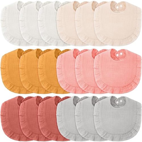 Kenning 18 Pcs Muslin Drool Baby Bibs Ruffle Absorbent Bib with Snap Button Boy Girl for Drooling Teething Infant Newborn